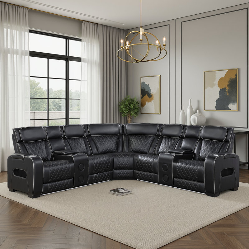 Savion 118" Modern & Contemporary 3-Piece Power Faux Leather Sectional Sofa with Dual Power Reclining & Headrest Control, Integrated Console & Wireless Speakers
