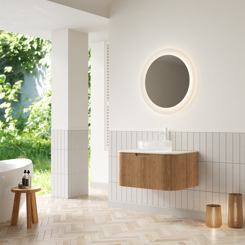 Meuble-lavabo de salle de bain 30 po Dina, armoire de rangement rayée à bords arrondis avec tiroir, lavabo en verre rond transparent et plateau en pierre frittée à motif de travertin, pré-assemblé, couleur grain de bois naturel