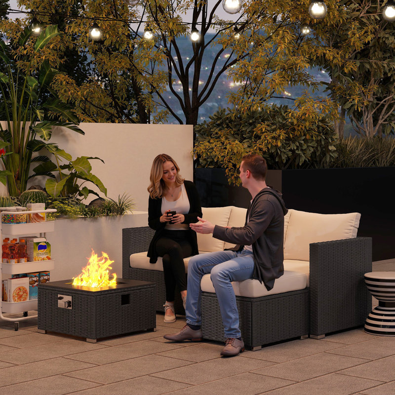 Outsunny 5 Piece Rattan Garden Furniture Set with Gas Fire Pit Black/Cream