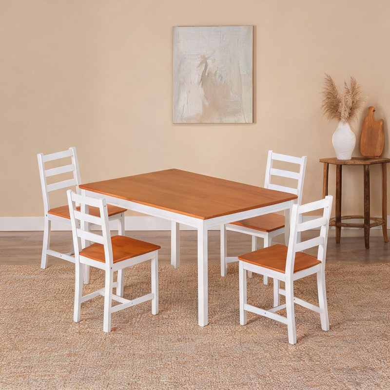 Ensemble de salle à manger en bois massif pour 4 personnes en blanc classique, table rectangulaire compacte avec chaises à haut dossier pour petites cuisines et coins-repas