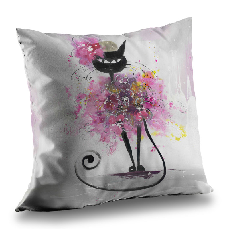 Cartoon Cat with Pink Flowers - Poly Twill Throw Pillow – Poly Twill Throw Pillow with Insert, Double-Sided Print