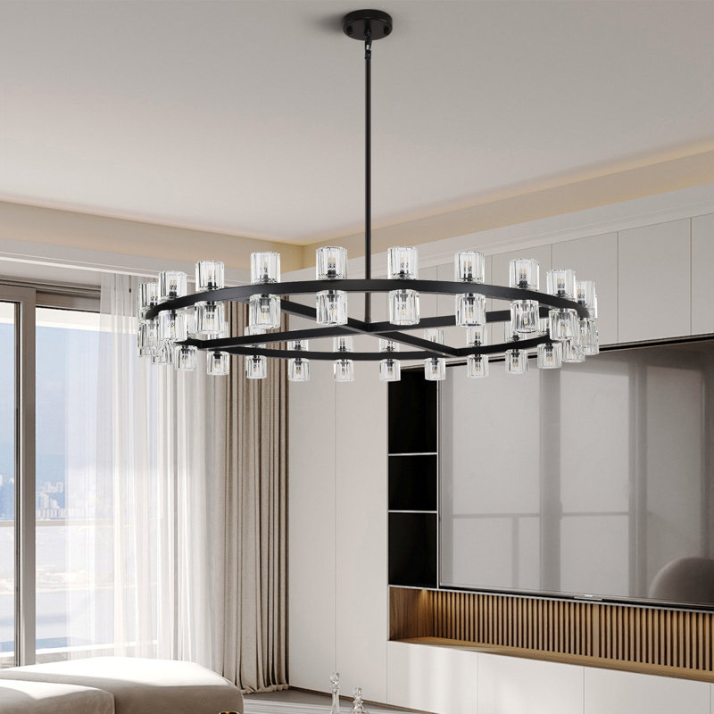 36"/48"/60" Dimmable Round Crystal Cup Large Chandelier, 103" H x 48" W x 48" D, Matte Black