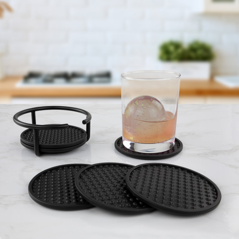Flex Stainless Steel Round 6 Piece Coaster Set With Holder, Black