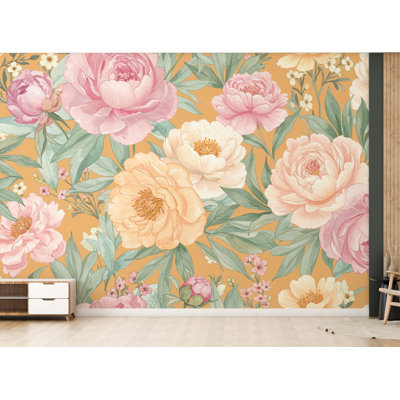 Murale de pivoines pastel - aquarelle peinte à la main au printemps, art mural pleine floraison florale pour décor de chambre à coucher 739RS (Peel-N-Stick) RS739