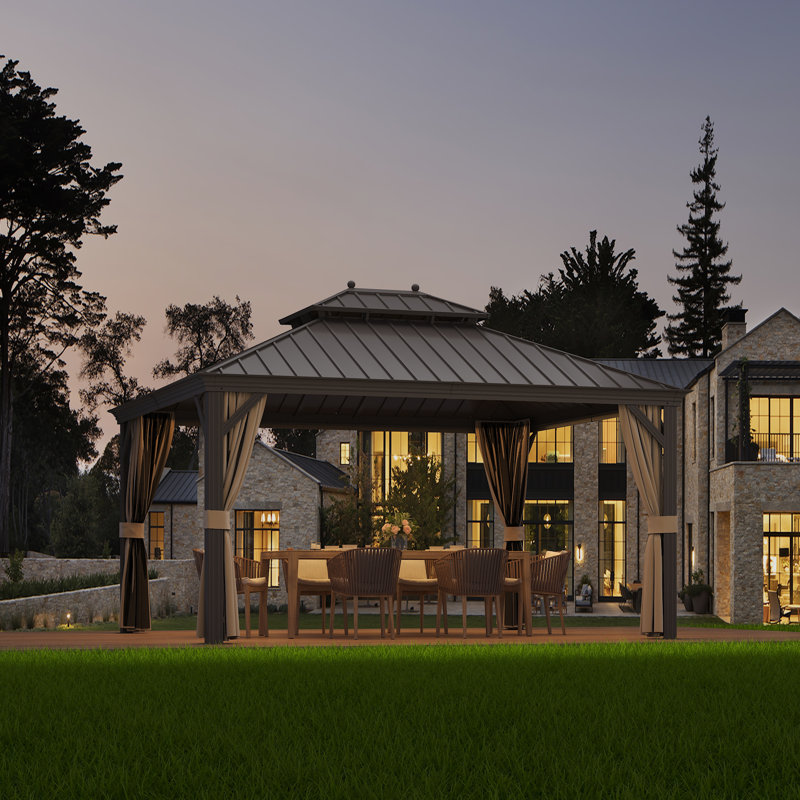 Pavillon de jardin en aluminium à toit rigide avec toit en acier galvanisé à double évent - comprend une moustiquaire et des rideaux d'intimité - pour la cour, le jardin, la terrasse et le bord de la piscine