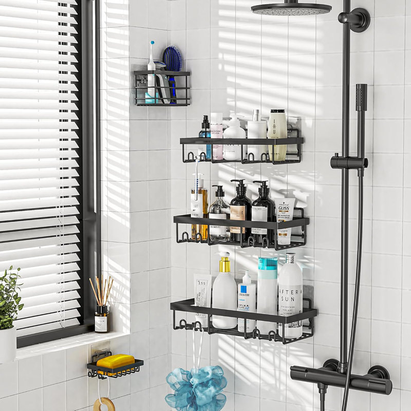 Ensemble de 5 boîtes de rangement adhésives pour salle de bain avec crochets, porte-savon et porte-brosse à dents pour la maison, le véhicule récréatif et le camping-car