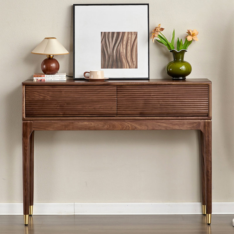 Table console en bois massif brun avec tiroir cannelé et embouts en laiton, L 35,43 po x P 12,6 po x H 35,43 po