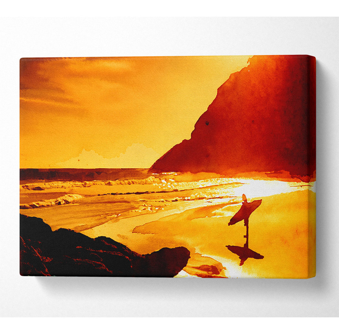 Surfer in der Morgendämmerung Orange Leinwand Aquarell