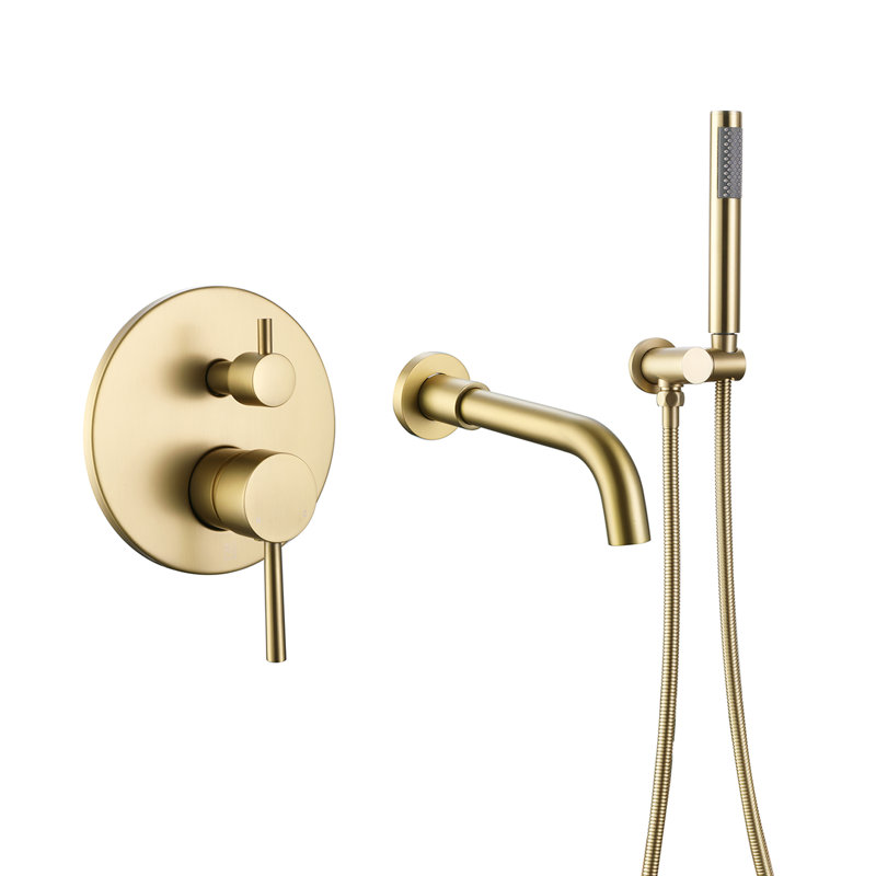 7.3" Solid Brass Single Handle Wall Mounted Roman Tub Faucet with Handheld Shower, Gold
