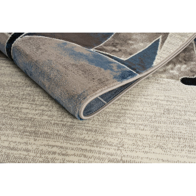 Tapis abstrait blanc / bleu Tyka, Rectangle 2 pi 1 po x 3 pi 3 po
