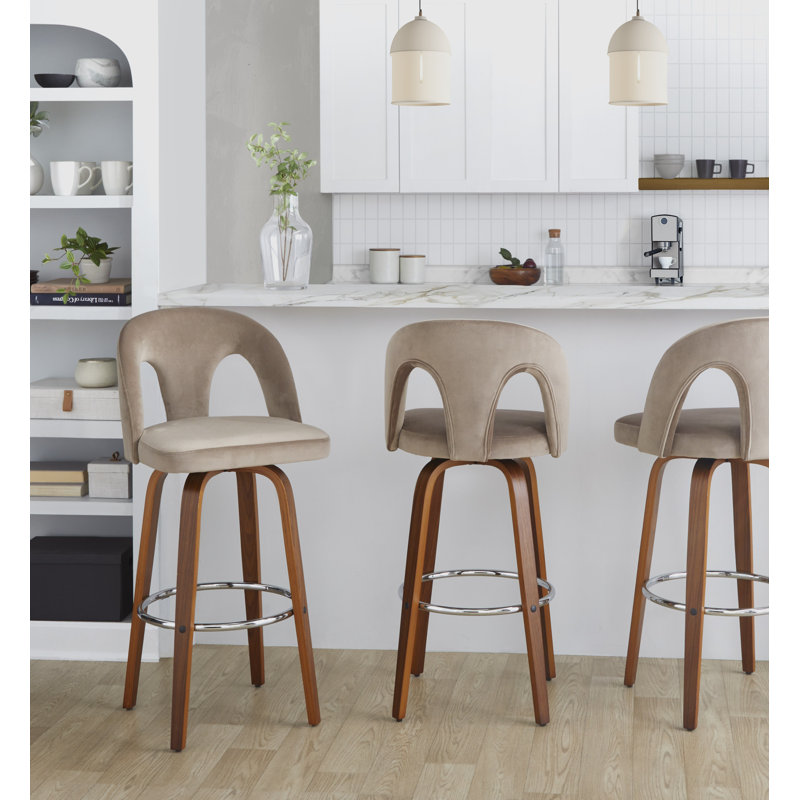 Caden 30" Fixed-Height Bar Stools with Bent Wood Legs & Round Footrest, Bar Stool (30” Seat Height), Walnut/Chrome