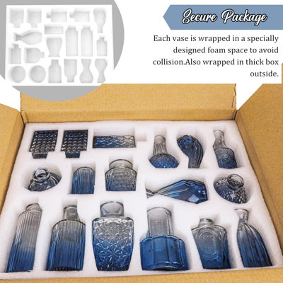 Set of 36 Glass Bud Vases Small Flower Vases for Centerpieces(Blue) Vintage Glass Bottles Clear Bud Vases in Bulk Multiple Shape for Rustic Wedding Centerpieces Table Decor and Home Decor