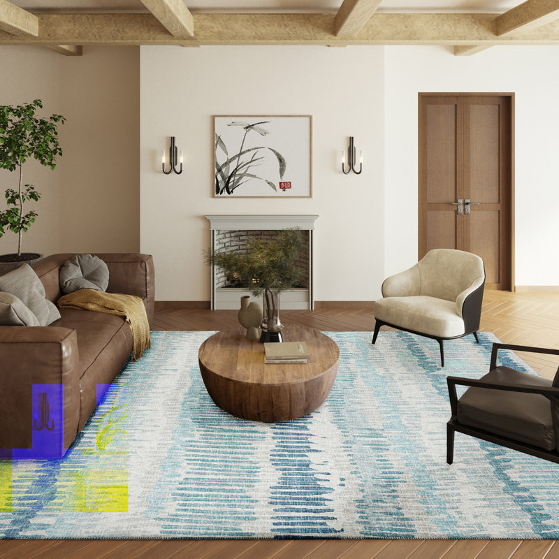 Tapis rayé bleu tissé à la machine, Rectangle 3 pi x 5 pi