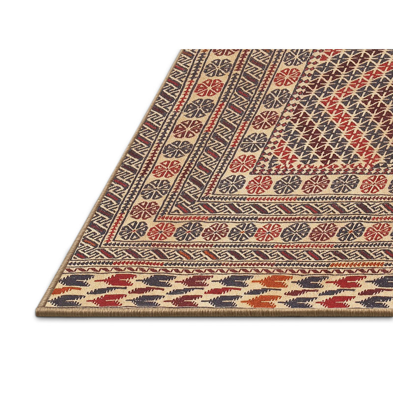 Tapis beige/vert/rouge traditionnel Coniglio, Rectangle 2 pi x 4 pi