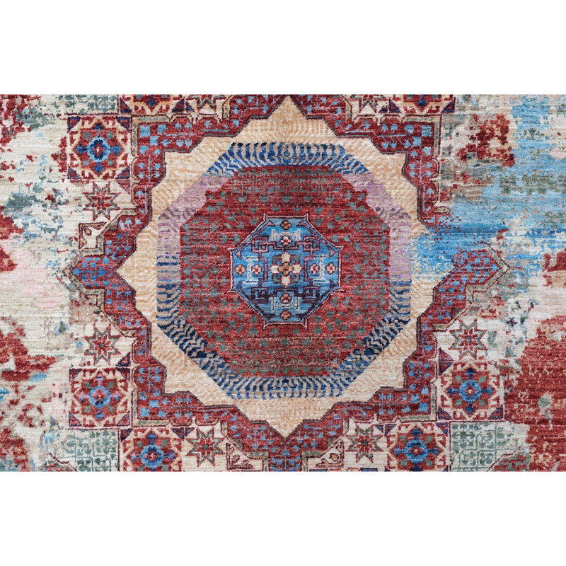 Tapis rouge et bleu noué à la main de haute qualité