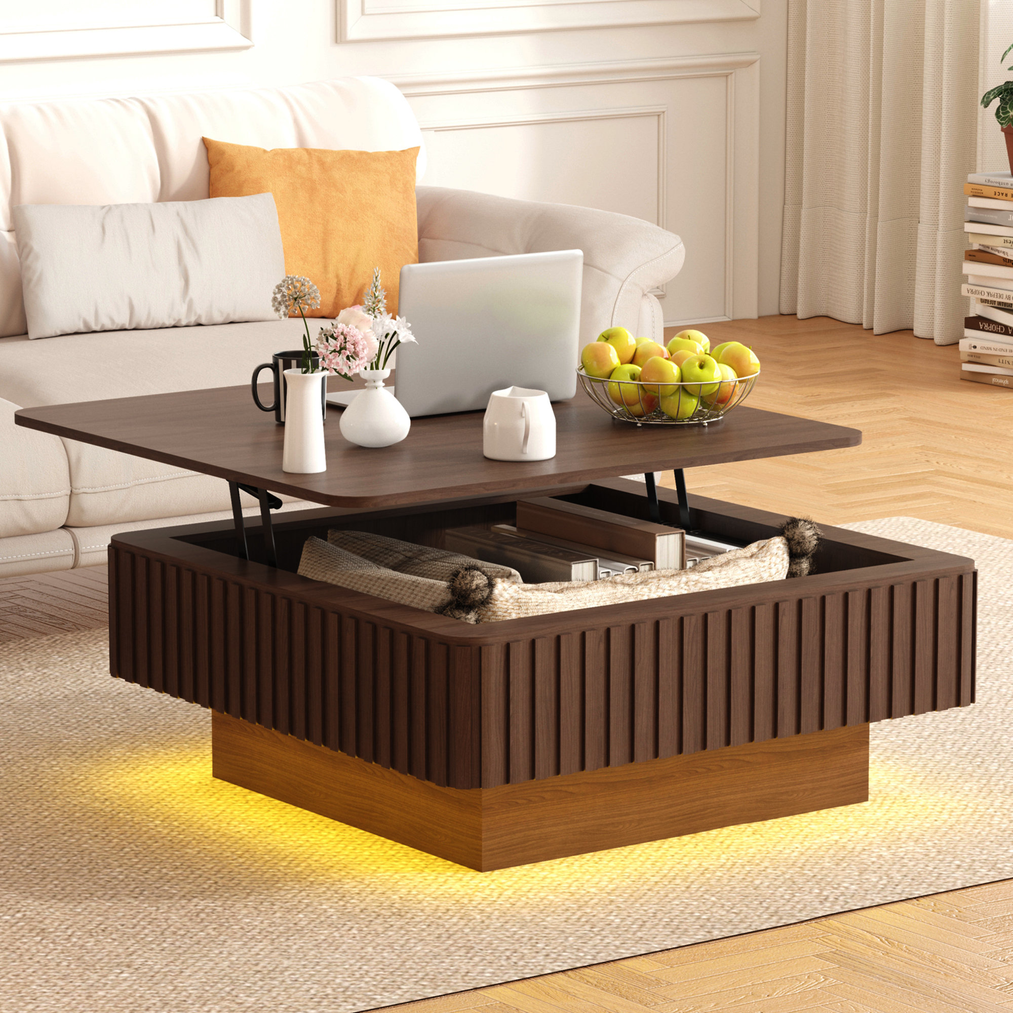 Latitude Run® Fluted Lift Top Coffee Table With Charging Station, Mid ...