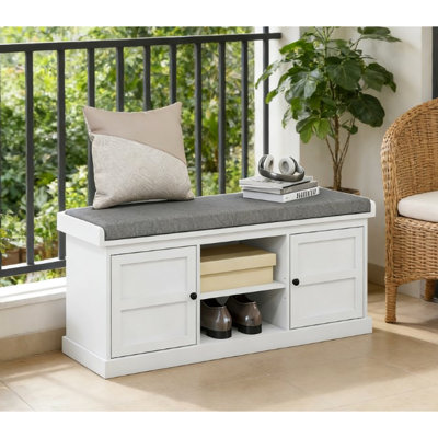 Banc rembourré pour hall d'entrée, rangement pour chaussures, coussin respirant, 2 armoires, tablette à niveaux, gris, housse de rangement amovible facile à nettoyer, gris, enduit