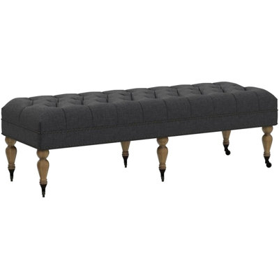 Upholstered Polyester Tufted Top With Nailhead Rectangular Bench For Living Room Footrest Bedroom Entryway, Small Size Bench, Metal Gun With Caster