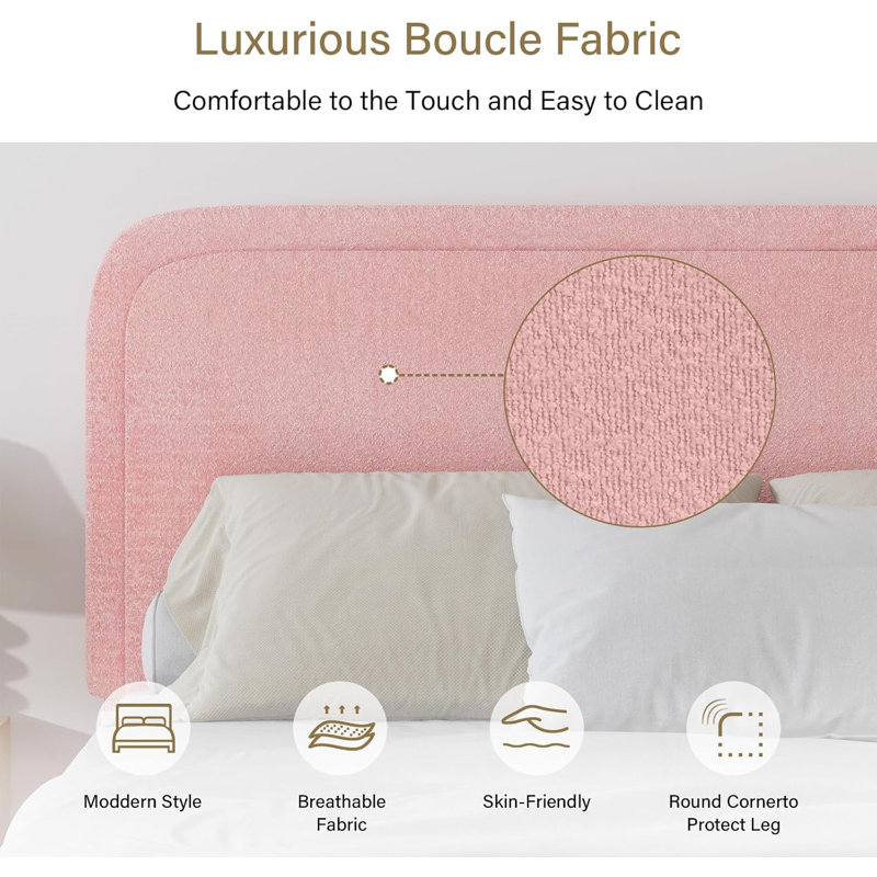 King Pink Boucle Upholstered Platform Bed Frame with Headboard