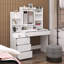 Bureau de maquillage avec 6 tiroirs, miroir coulissant et tablettes de rangement, 3 modes d'éclairage