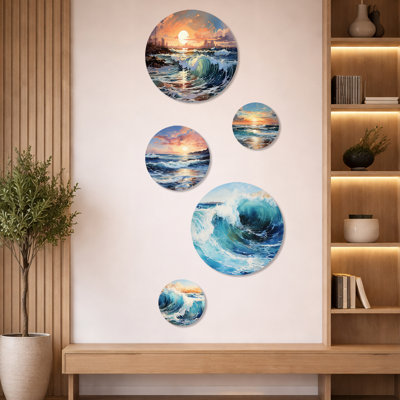 «Beach Sunrise Tranquil Horizons III», art mural océan, ensemble de 5 - Ensemble de décoration murale bord de mer en métal, ensemble de 5