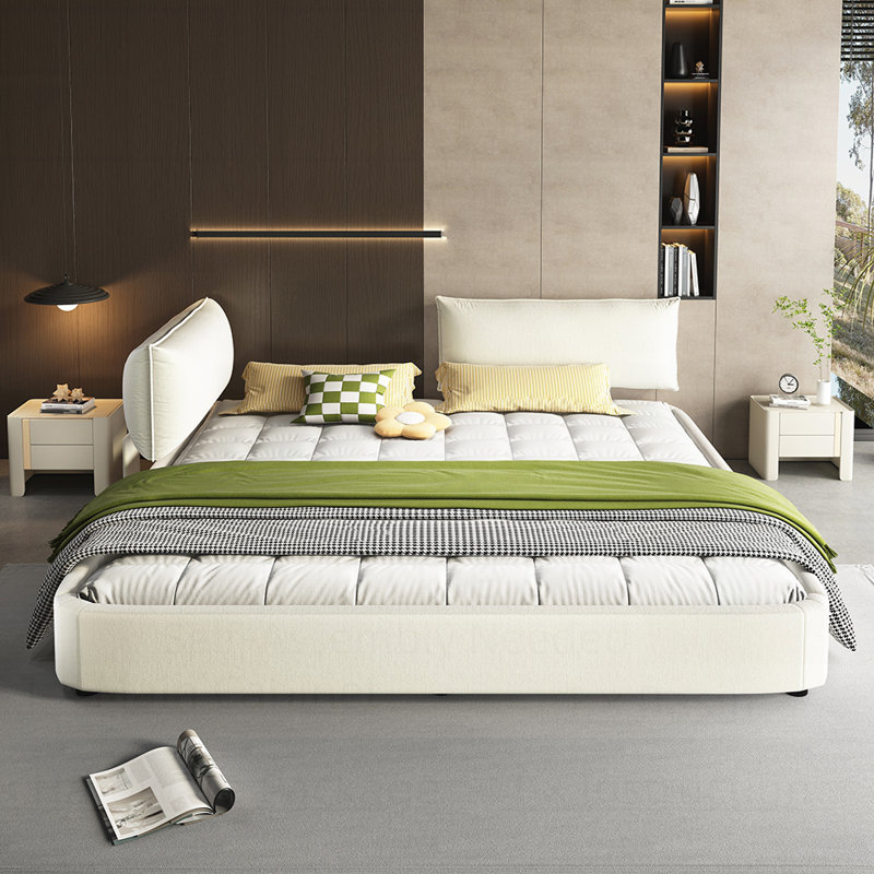 Très grande base de lit avec très grande tête de lit amovible rembourrée et lit tapissier, Beige / Blanc