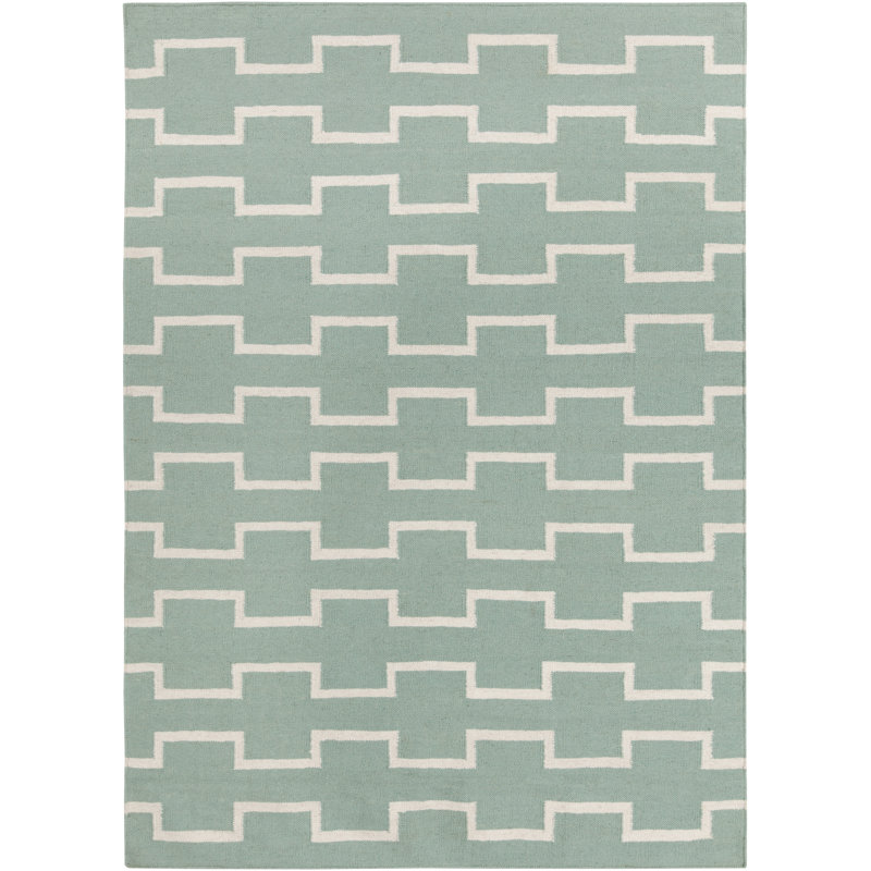 Tapis d'intérieur réversible en laine tissé à plat à la main vert menthe Clavelle, Rectangle 5 pi x 7 pi