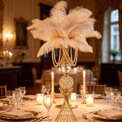 Luxury Gold Hourglass Trumpet Vase For Wedding Centerpieces And Formal Events - Tall Metal Floral Arrangement And Ostrich Feather Holder With Crystal Accents