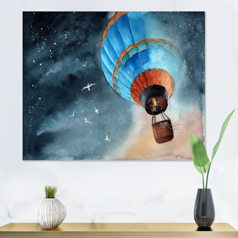 «Blue Air Balloon in Starry Night», peinture sur toile, Toile tendue, H 24 po x l 32 po x P 1 po