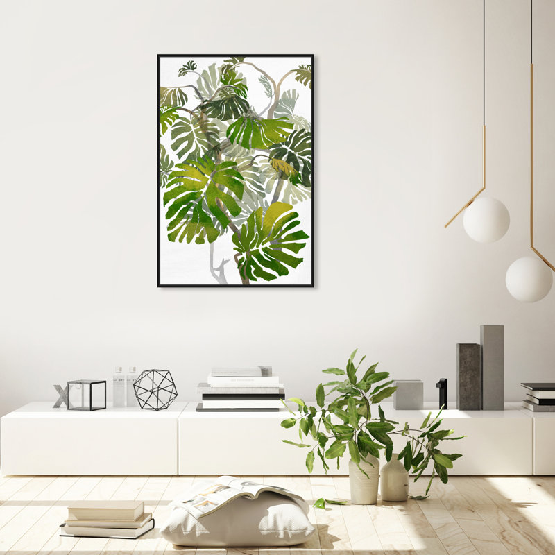 Tropical Jungle Tree Modern White - peinture sur toile, Cadre en bois noir, H 37 po x l 25 po