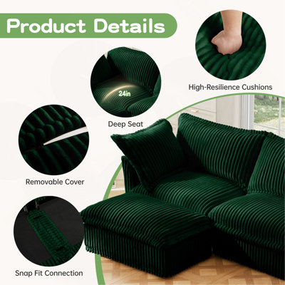 Ensemble de 2 fauteuils, ensemble de chaises d'appoint à siège profond pour salon, salle de lecture, chambre à coucher et espaces de travail, ensembles de fauteuils avec grands coussins moelleux, tissu en velours côtelé vert