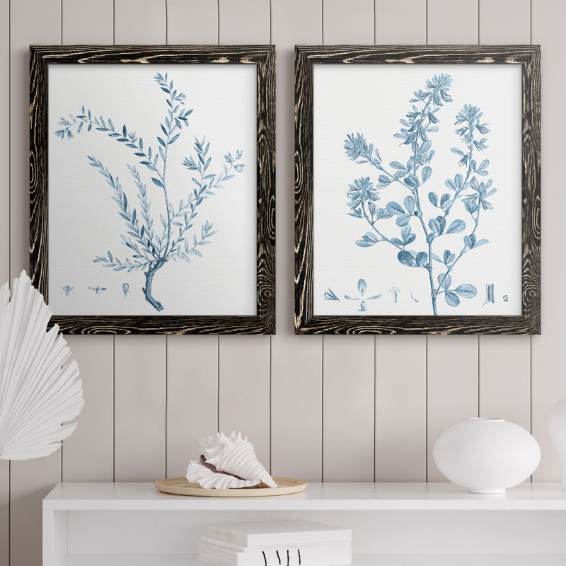 "Antique Botanical In Blue VII", ensemble de 2 peintures sur toile encadrées, H 20 po x l 17 po x P 1 po