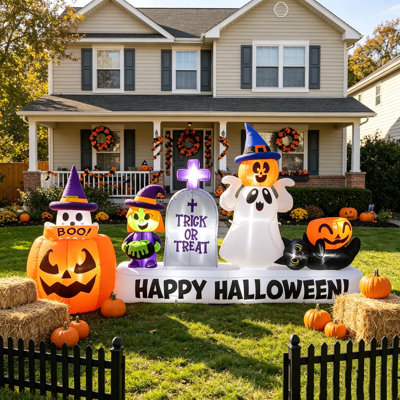 Décoration gonflable d'Halloween de 2,74 m (9 pi), bannière animée de citrouille sorcière à déploiement rapide
