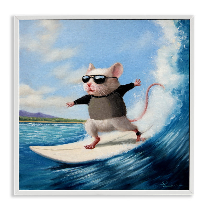 «Cool Surfer Mouse» par Lucia Heffernan, H 24 po x l 24 po, Estampe numérique encadrée blanc bord de mer