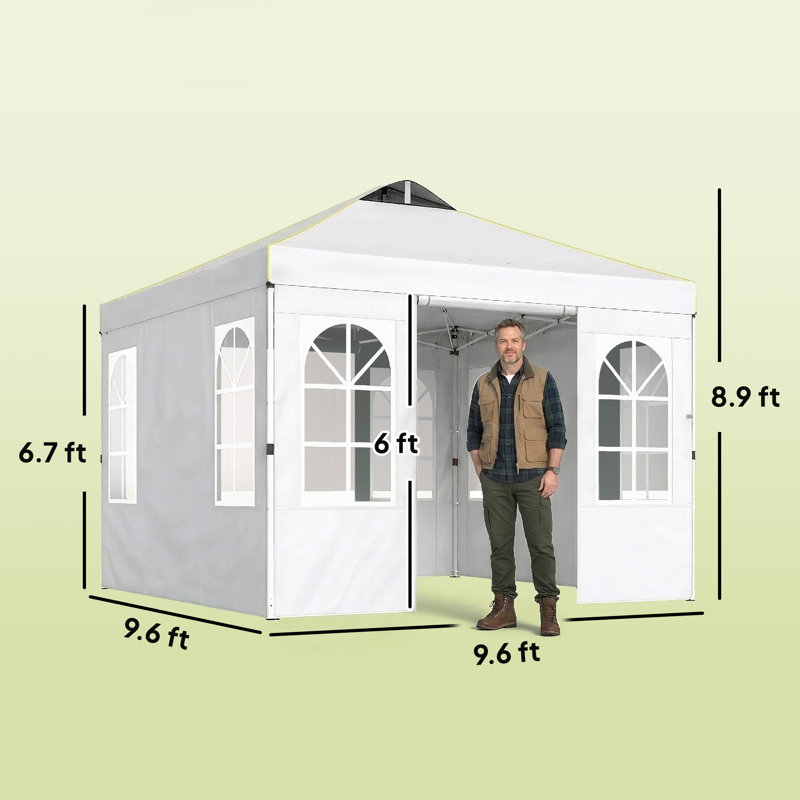 9.6 x 9.6 ft Pop Up Canopy Tent with Sidewalls, One Button Push Setup, UPF50+ Outdoor Portable Instant Canopy Shelter with Carry Bag, Sandbags, Adjustable Height for Parties Events, White
