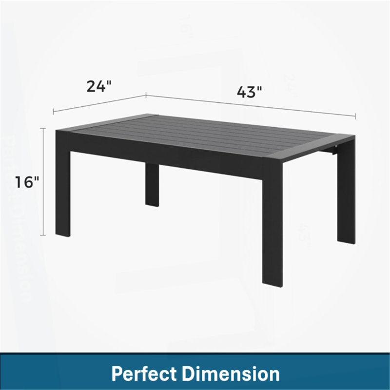43" All-Weather Aluminum Patio Coffee Table/ Modern Black Rectangle Outdoor Table
