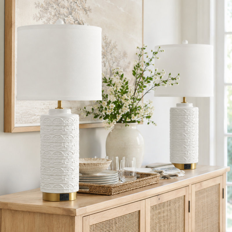 Boho Ceramic Table Lamp, 26'' Tall Bedroom Or Living Room Lamps With Usb Charging Ports