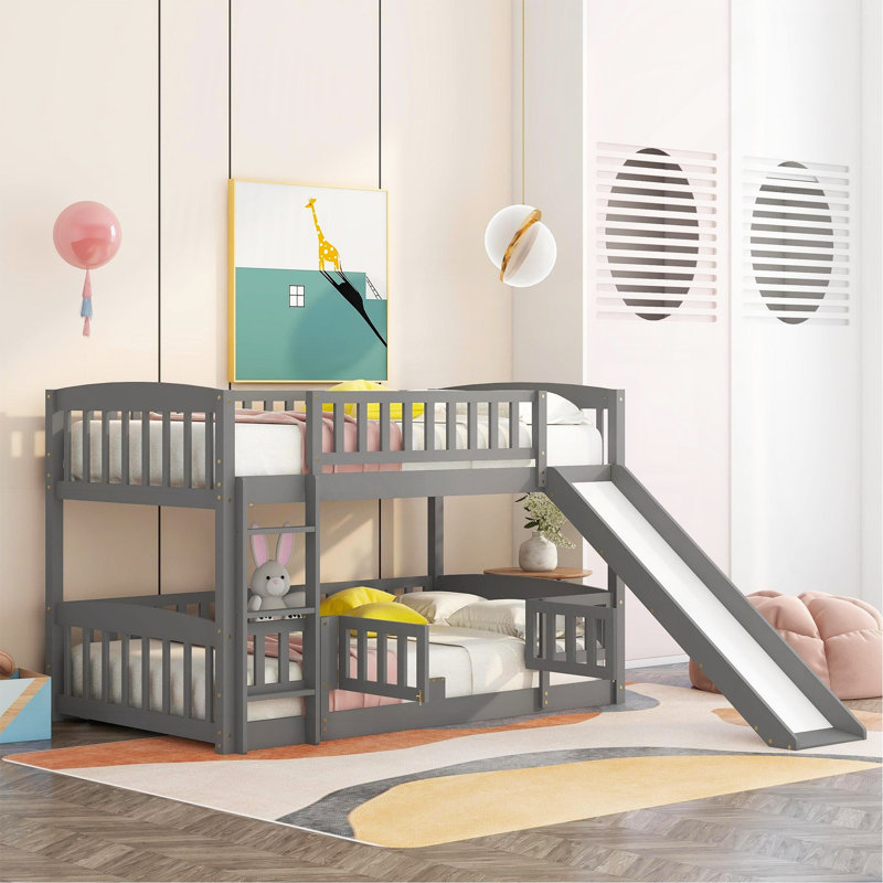 Bunk Bed With Slide,Twin Over Twin Low Bunk Bed With Fence And Ladder For  Kids Teens Grey, Gray