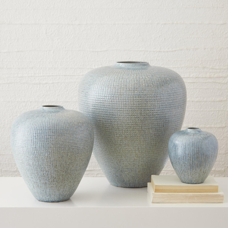 Check Handmade Ceramic Table Vase, Silver Blue, Small