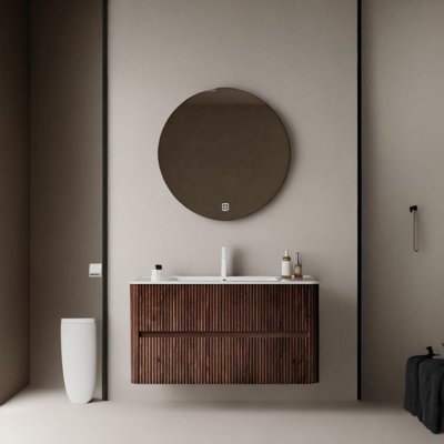 Meuble-lavabo flottant mural moderne de 36 po avec lavabo, armoire de rangement en contreplaqué avec 2 tiroirs, cuve en céramique blanche équipée d'un couvercle et d'un drain de lavabo, noyer rétro