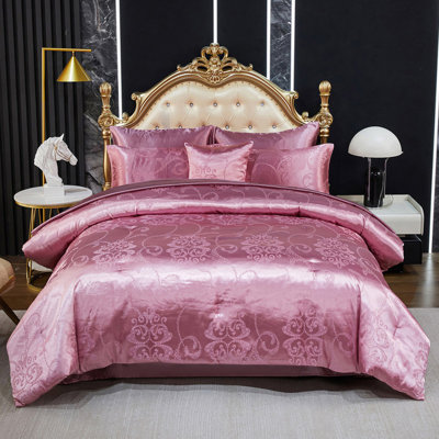 Ensemble d'édredon jacquard pour lit très grand avec draps en satin rose rosé 8 pièces Royal broderie néo-classique floral