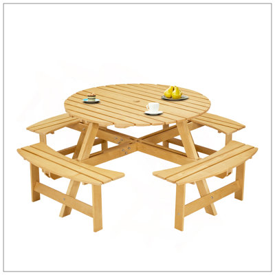 Outdoor 8 Person Picnic Table, 8 Person Round Picnic Table With 4 Built-In Benches, Umbrella Hole, Outside Table And Bench Set For Garden, Backyard, Porch, Patio