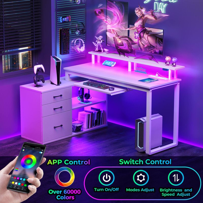Ameliore 55.1" L Shaped Computer Desk with File Drawer, LED Lights and Keyboard Tray, White