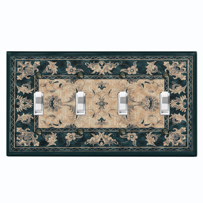 Metal Light Switch Plate Outlet Cover (Elegant Beige Dark Green Carpet Print - Quadruple Toggle)