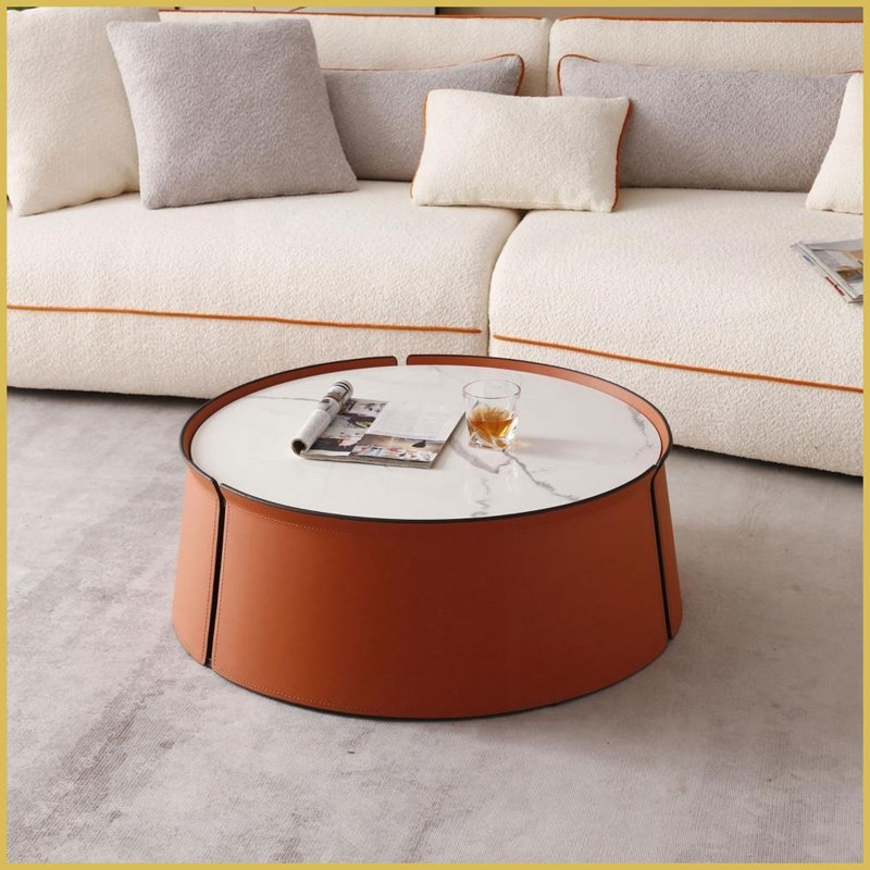 Table basse moderne 31,5 po avec dessus en marbre, cuir orange et amp; Structure en fer - aucun assemblage pour le salon / bureau