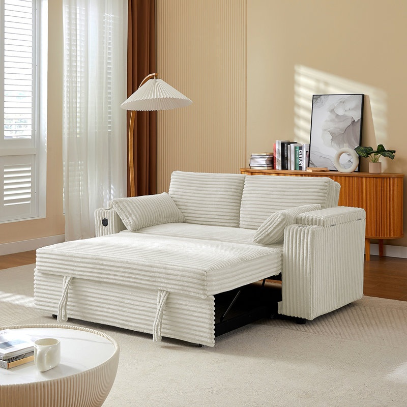 Canapé-lit beige avec causeuse avec accoudoirs de rangement et port USB, Beige