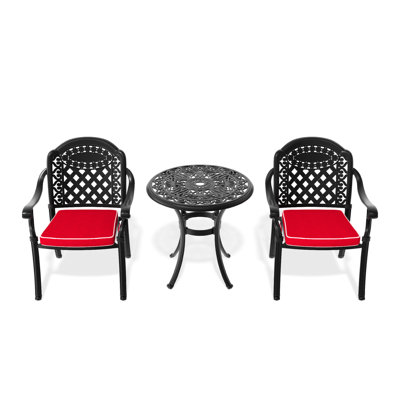 Cast Aluminum Patio 3, Black, Random Color Cushions For Outdoor Relief, Stackable Chairs, Round Table With Umbrella Hole 3 Furniture, Relax,
