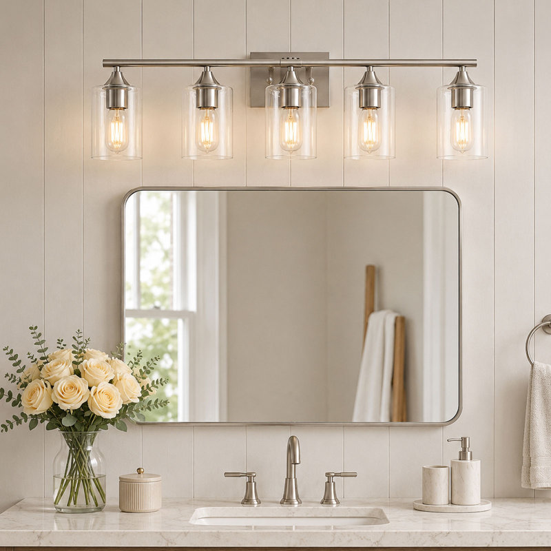 Applique murale à 5 lumières pour meuble-lavabo à 5 lumières avec abat-jour en verre transparent pour miroir de salle de bain et salle d'eau