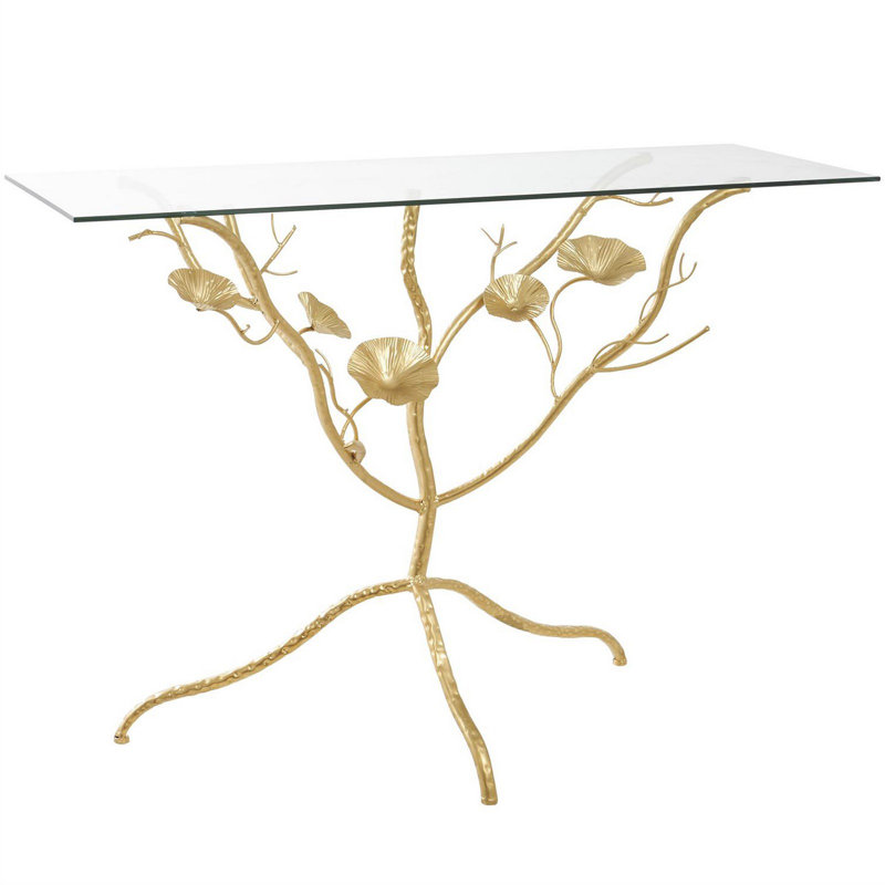 Gold Metal Branch Console Table With Glass Top