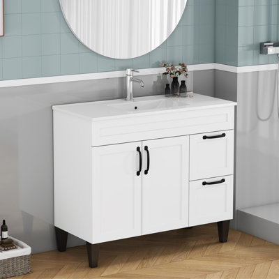 Meuble-lavabo de 39,4 po avec lavabo combiné, armoire avec 2 portes et 2 grands tiroirs, poignée en métal noir, pieds noirs, charnière à fermeture en douceur, armoire de salle de bain Mordern, assemblage facile
